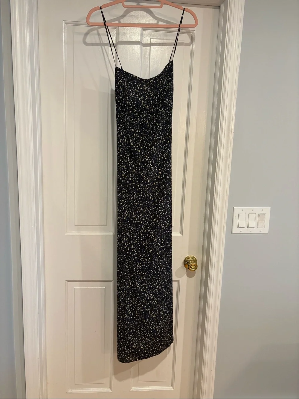 J Crew Spaghetti Strap Ruffle Back Black Silk Star Maxi Dress
